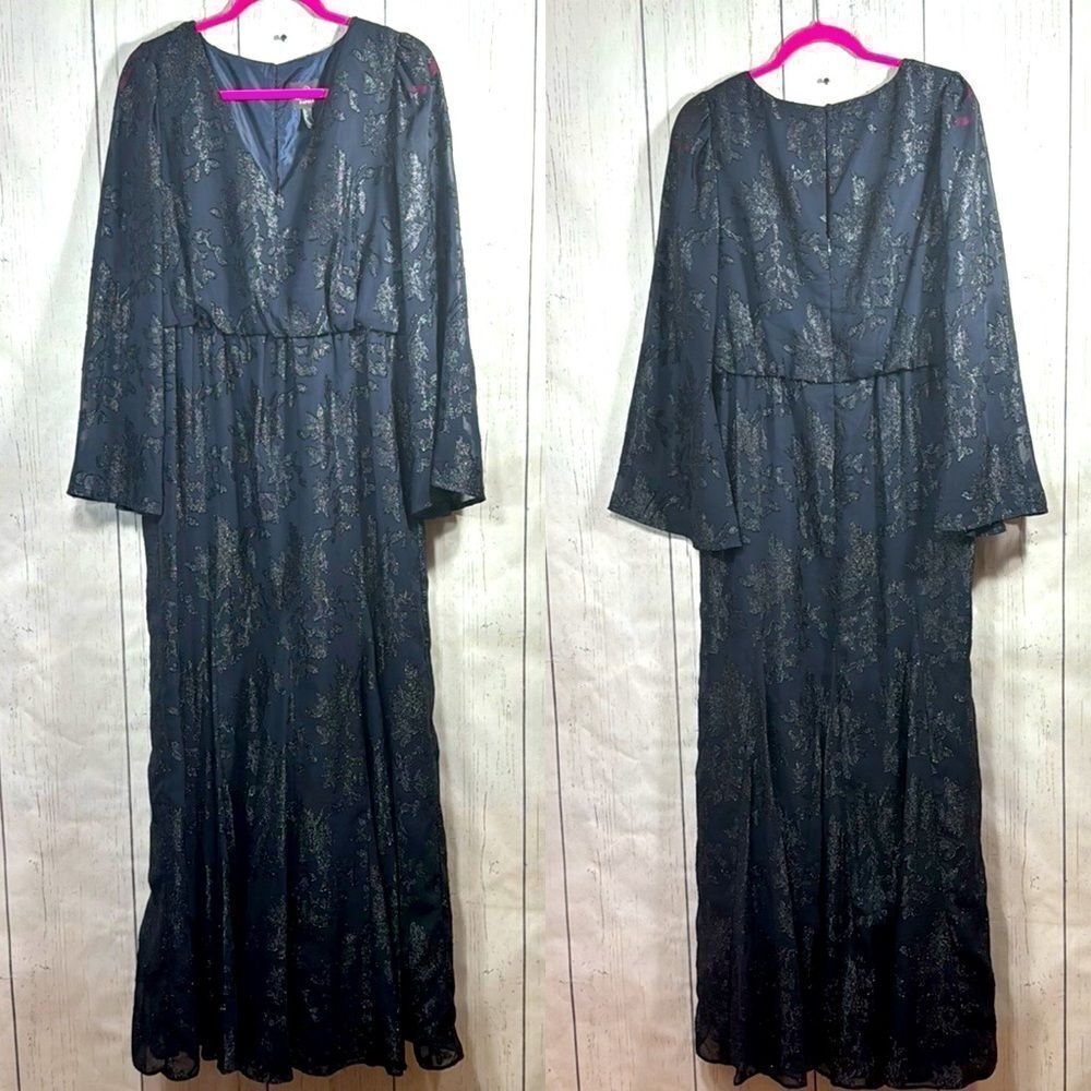 Adrianna Papell Metallic Lace Long Sleeve Navy Maxi Dress Size 12 Evening Formal